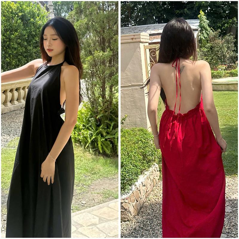 Đầm Cổ Yếm Hở Lưng Đầm Maxi Dáng Dài Kẻ Sọc Trang Mùa Hè Đi Biển Dạo Phố