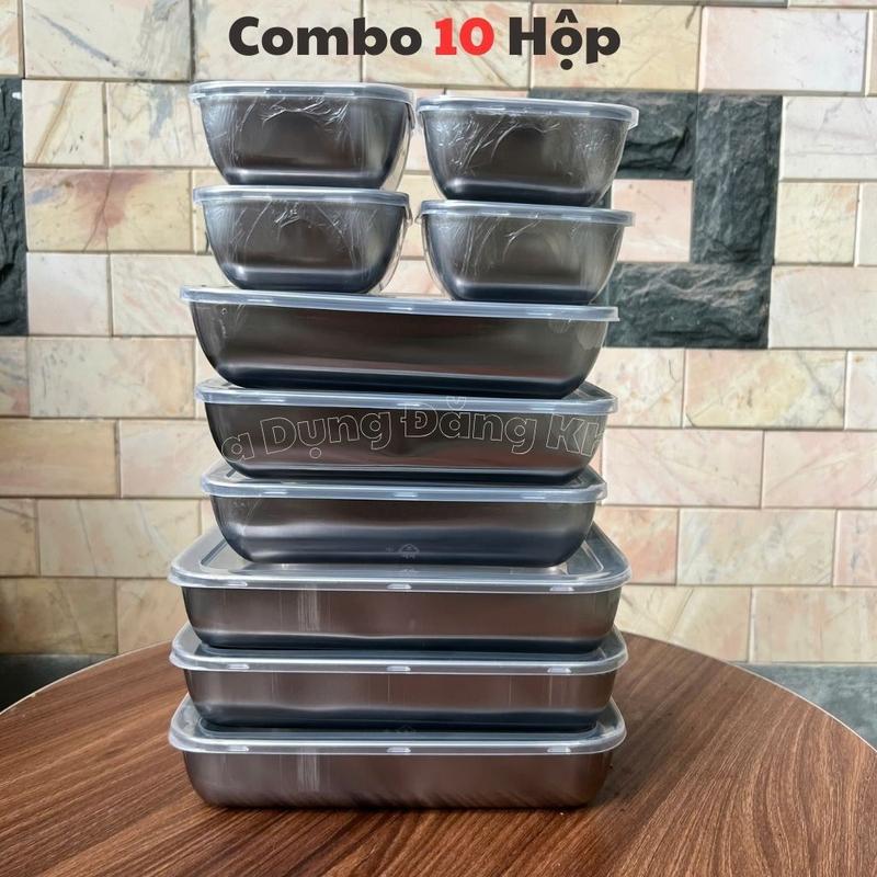 COMBO 10 Hộp Đựng Thực Phẩm Inox Gồm 3 hộp Đại 25x20x6 - 3 hộp trung 22x15x6 - 4 hộp nhỏ 13.5x10.5x6 Gia Dụng Cu beo