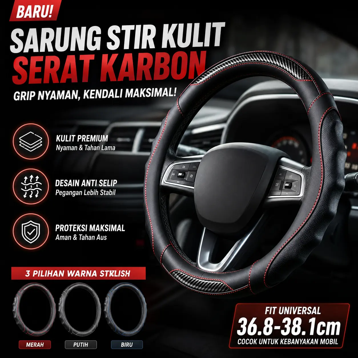 Sarung Setir Mobil Kulit Asli Anti Selip Bernapas dengan Tekstur 3D dan Jahitan Merah Presisi untuk Kenyamanan Maksimal Cocok Semua Musim