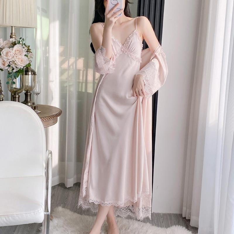 A1 Set choàng + váy ngủ lụa dài viền ren có tăng đơ đệm ngực QCCC