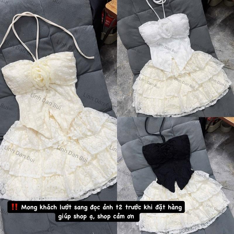 Có Tách Lẻ Set Áo Ren Cổ Yếm Đính Bông Xẻ Tà Nhọn Mix Chân Váy Ren Tầng
