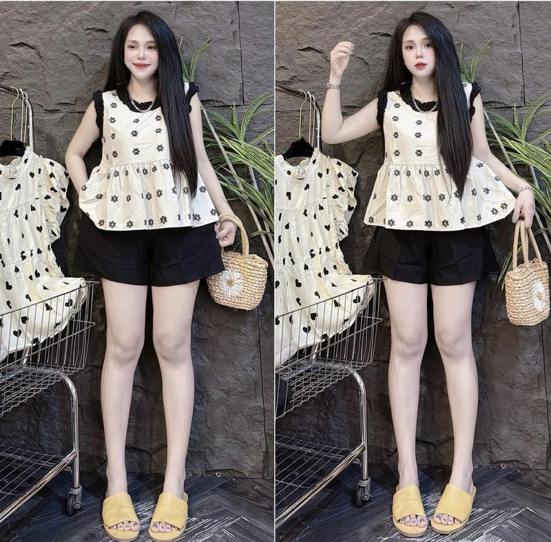 Sét đồ nữ áo lụa in hoa babydoll sát tay viền đen kèm quần đùi mango đễ thương xinh xắn [GJ98]