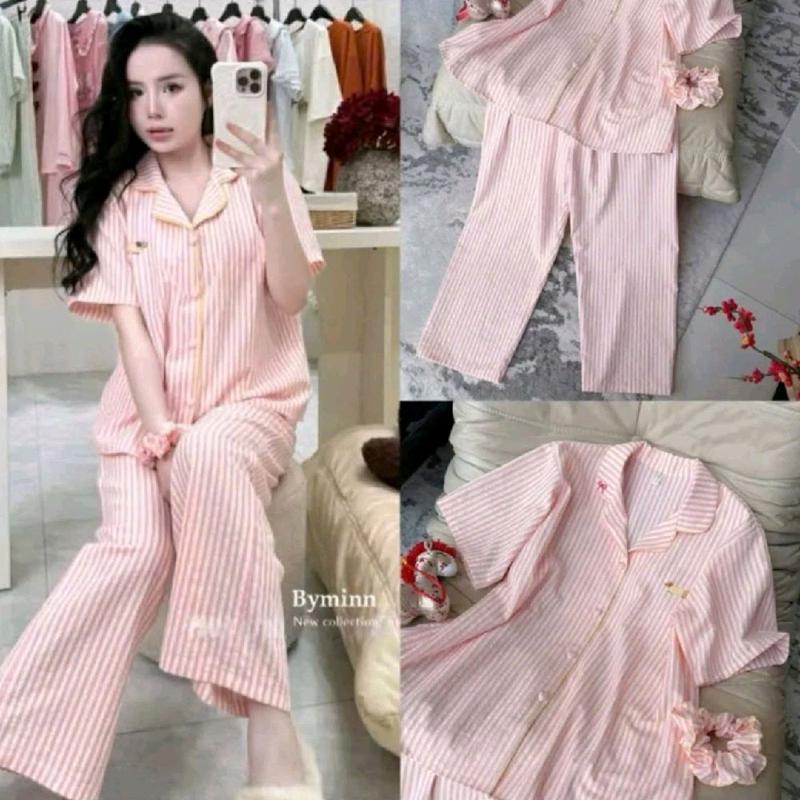 Sét bộ pyjama cộc dài vét sọc kèm nơ, chất đũi mềm mát