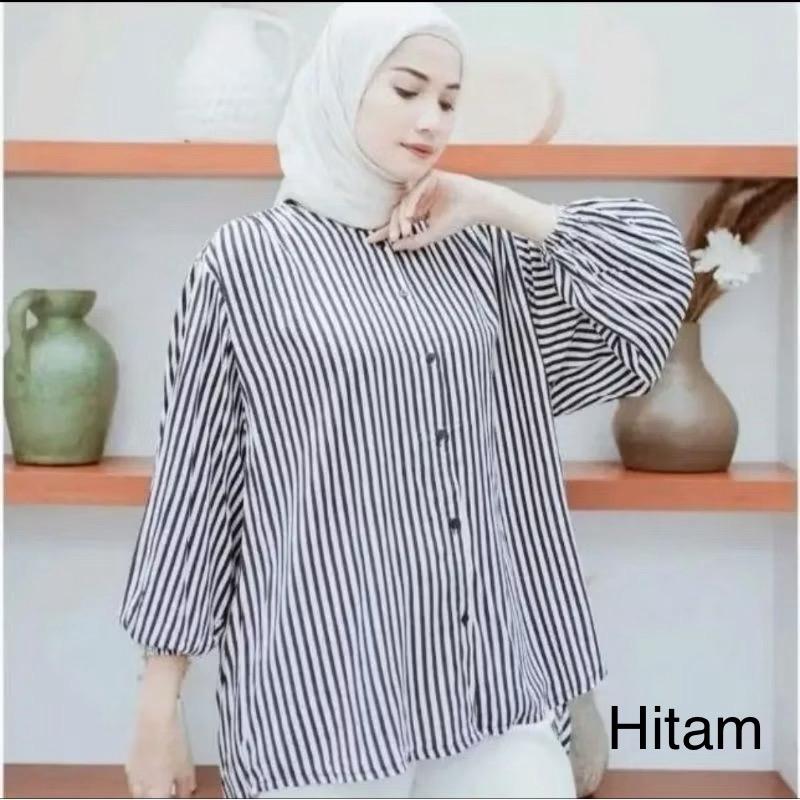 Kemeja Stripe  Oversized - Atasan Wanita - Pakaian Wanita - Stripe Shirt Atasan Wanita Lengan Panjang Katun Salur Baju Garis 1