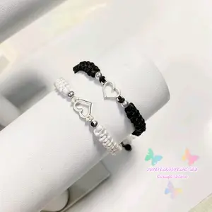 GELANG RAJUT LOVE SILVER / GELANG COUPLE TALI RAJUT ANYAM / GELANG COUPLE HITAM PUTIH SEPASANG LIONTIN LOVE / GELANG RAJUT TALI SATIN
