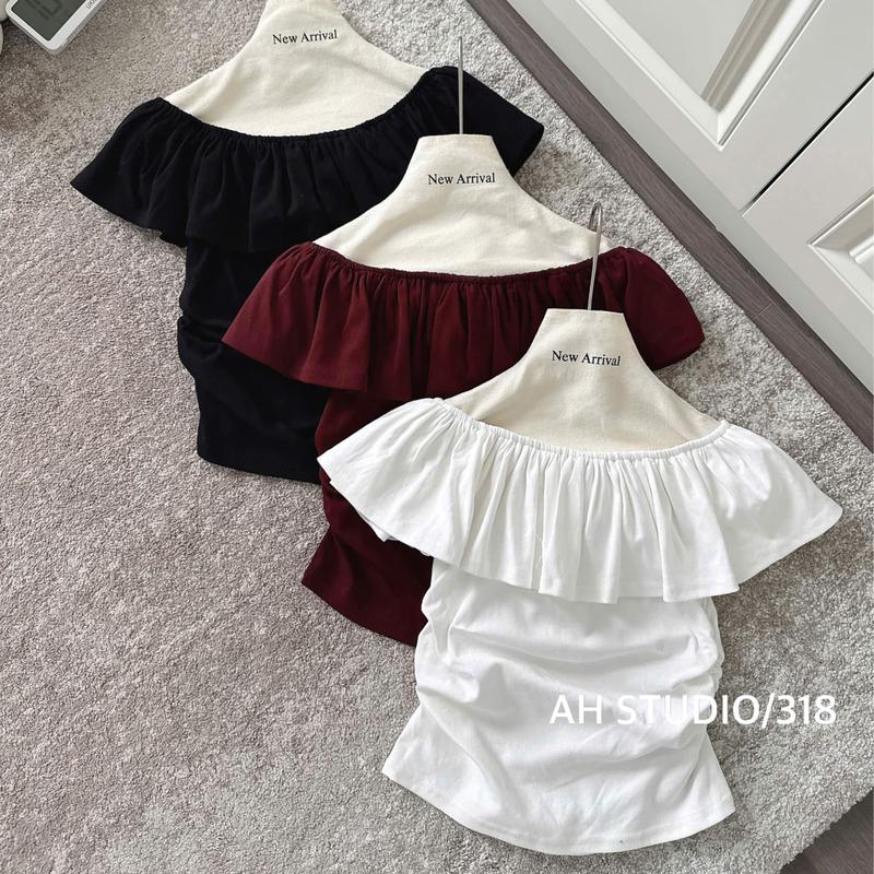  Áo Thun ZIP trễ vai áo kiểu nữ viền bèo nhún áo tôn dáng mã 003 