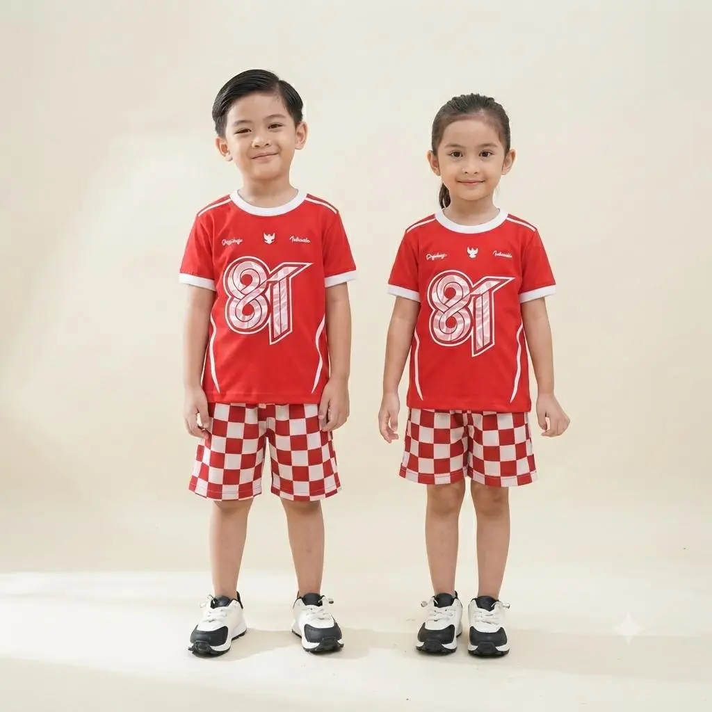 ESTISHOP  X DINODAY Setelan Kemerdekaan 17 Agustus Anak Laki Laki Perempuan Celana Hotpants Premium Motif Catur