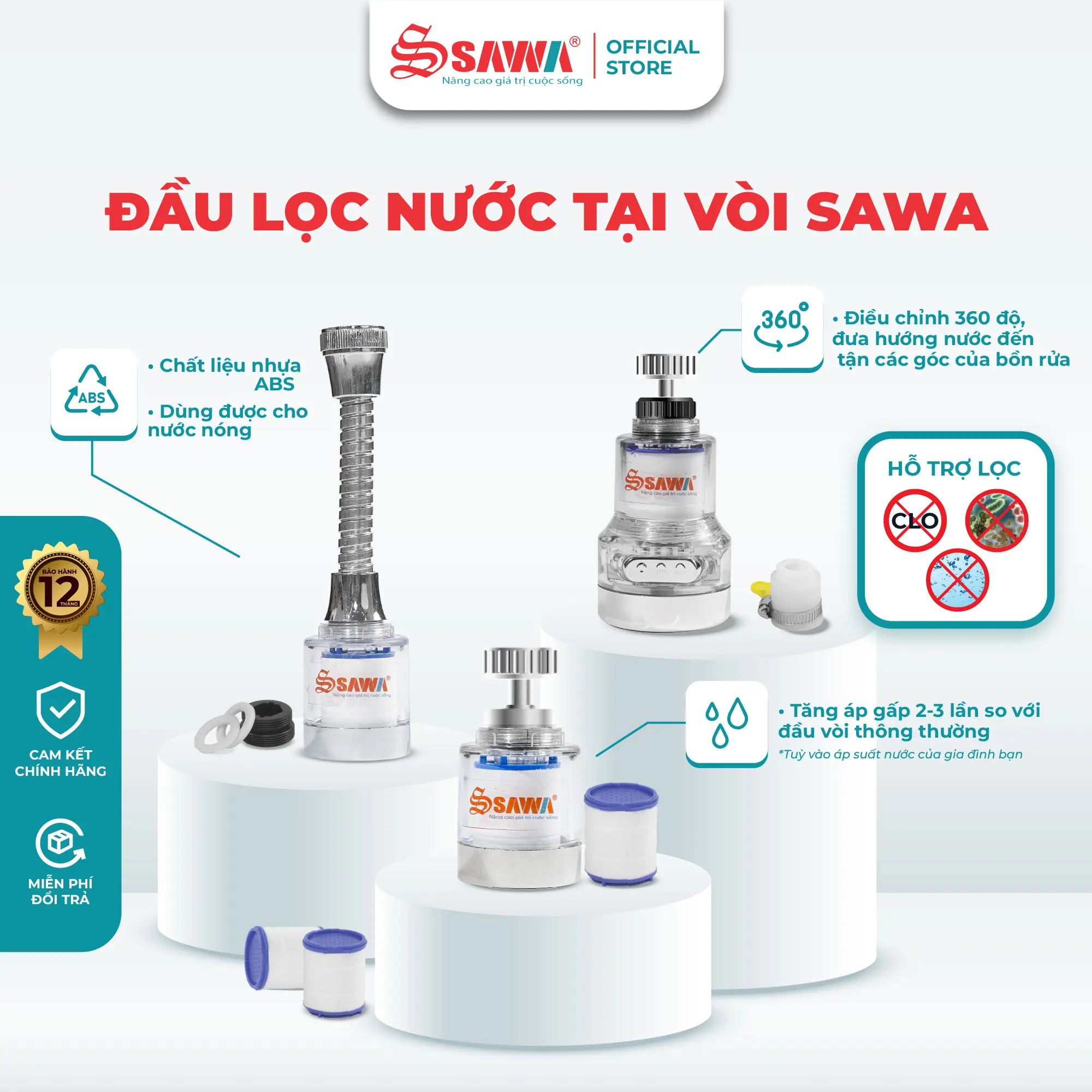 Vòi lọc nước Sawa S85P hỗ trợ tăng áp với cổ xoay 360 độ - Đầu lọc nước tại vòi tiện lợi, sử dụng linh hoạt - Bộ lọc nước sinh hoạt dùng cho gia đình, căn hộ chung cư, phòng trọ - Sử dụng phù hợp với nhiều loại vòi nước khác nhau