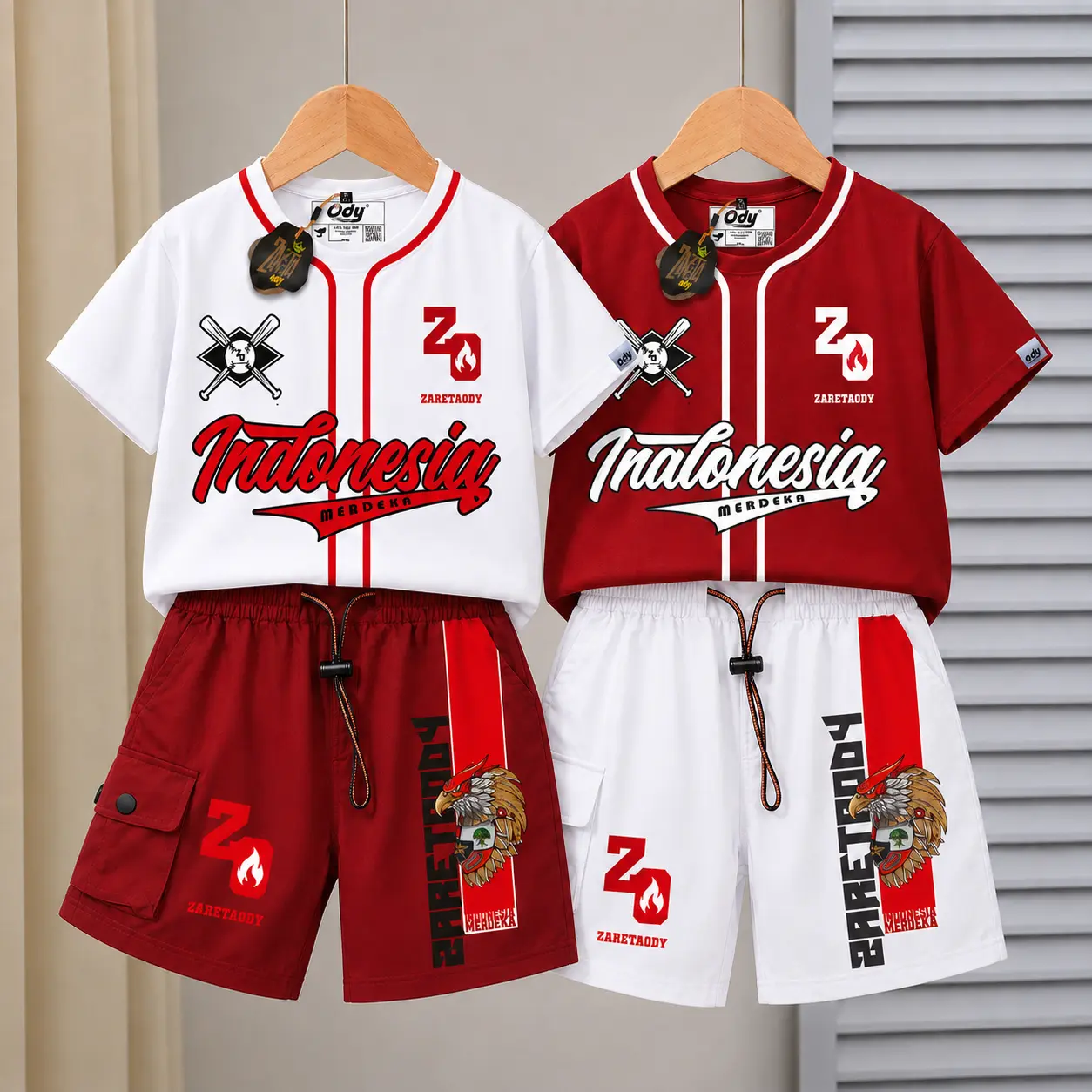 Setelan Kemerdekaan 17 Agustusan Baju Anak Laki Laki Bahan Katun Celana Cargo Dusky Usia  3-12 Tahun Fashion