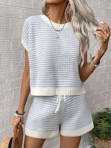 Conjunto de suéter para mujer, elegante y casual, primavera/verano, ideal para casa, ocio, fines de semana, vacaciones, viajes y playa; disponible en punto liso, a rayas y con canalé, cuello redondo y sin mangas.