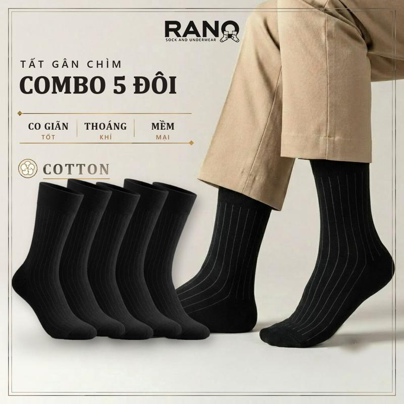 Combo 5 đôi tất vớ nam cổ cao công sở RANO gân chìm chất liệu cotton cao cấp thoáng khí co giãn 4 chiều màu đen Menswear