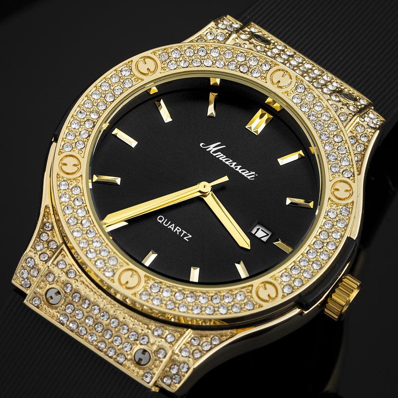    ĐỘC QUYỀN HÙNG LUXURY  .VN - N286 Vàng - Đồng Hồ Nam Mmassati Diamond Gold – Mặt Đen Viền Đính Đá Sang Trọng Kim Vàng Cao Cấp 