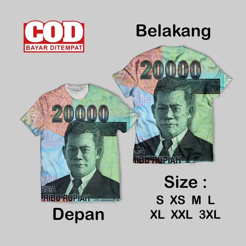 Kaos FullPrint Pecahan Rupiah Wallpaper Keren | T Shirt AOP Uang Rupiah Wallpaper Depan Belakang 3