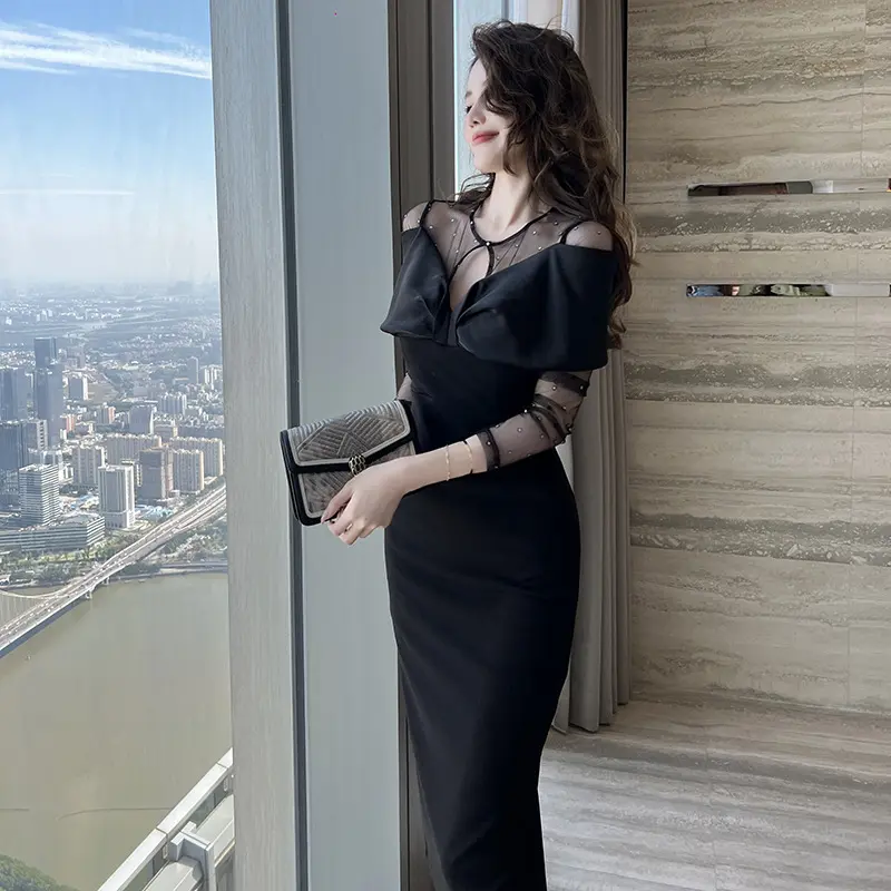 Váy dạ tiệc dài dành cho phụ nữ, phong cách Pháp mới, thanh lịch, mỏng, đen, (S-XL) 10198 Dress Khuy Women
