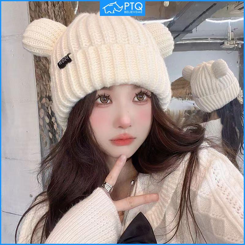 Mũ Len Dệt Kim Thiết Kế Tai Mèo Dễ Thương Dành Cho Nữ Mùa Thu Và Mùa Đông Lót Lông Cừu Ấm Áp PTQ Thời Trang