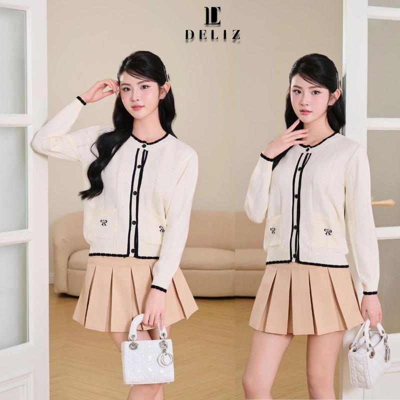 [MỞ BÁN] DELIZ - Áo cardigan len lông thỏ dài tay phối viền thêu nơ CD836