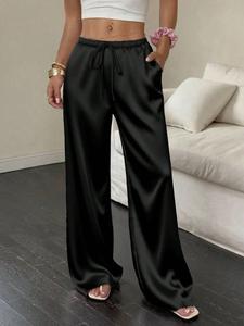 Pantalones casuales lisos para mujer de pierna ancha, pantalones largos de satín suave con cintura ajustable, perfectos para el viaje diario, estilo holgado para todas las estaciones