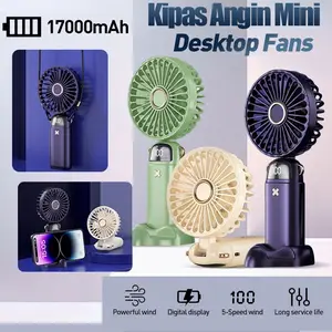 Kipas Angin Mini 17000mAh Super Tahan Lama - Layar Digital 5 Kecepatan - Bisa Gantung Leher & Jadi Stand HP - Kipas Portable Lipat Anti Panas