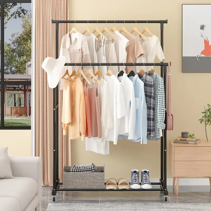 Double-Rod Clothes Rack Clothes Rack With Hooks Hanging Clothe Organizer For Bedroom Movable Bedroom Clothing Hanger With Wheels 3