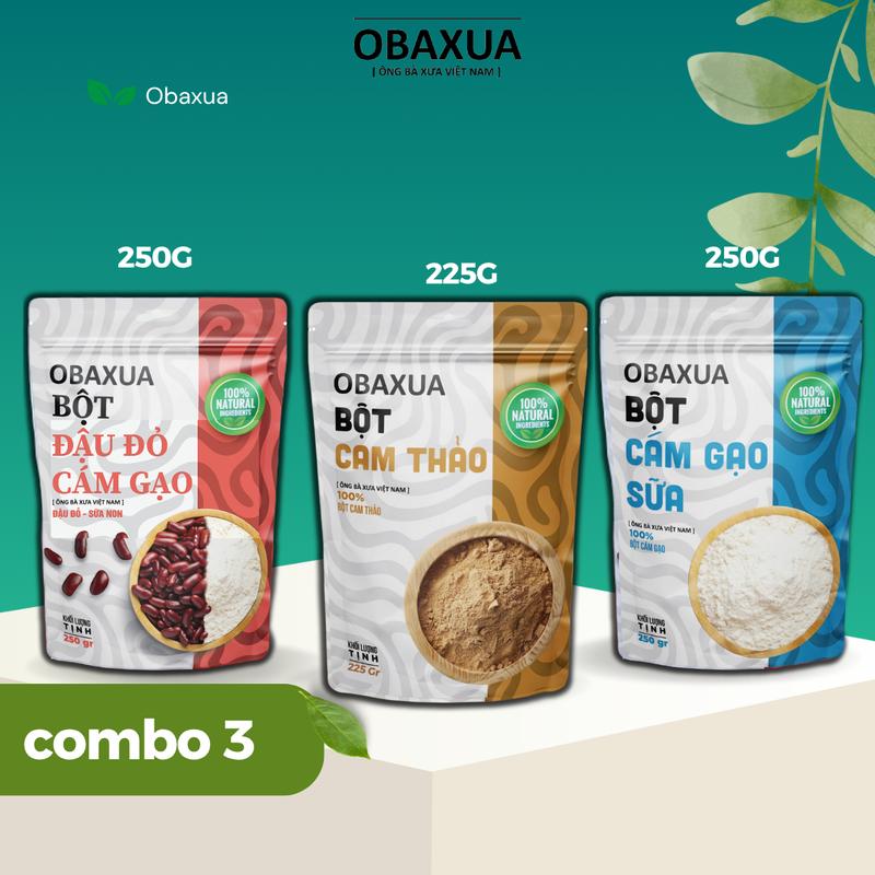 Obaxua Combo 3: Bột Đậu Đỏ Cám Gạo 250G, Bột Cam Thảo 225G & Bột Cám Gạo 250G - Mặt Nạ Dưỡng Da Natural