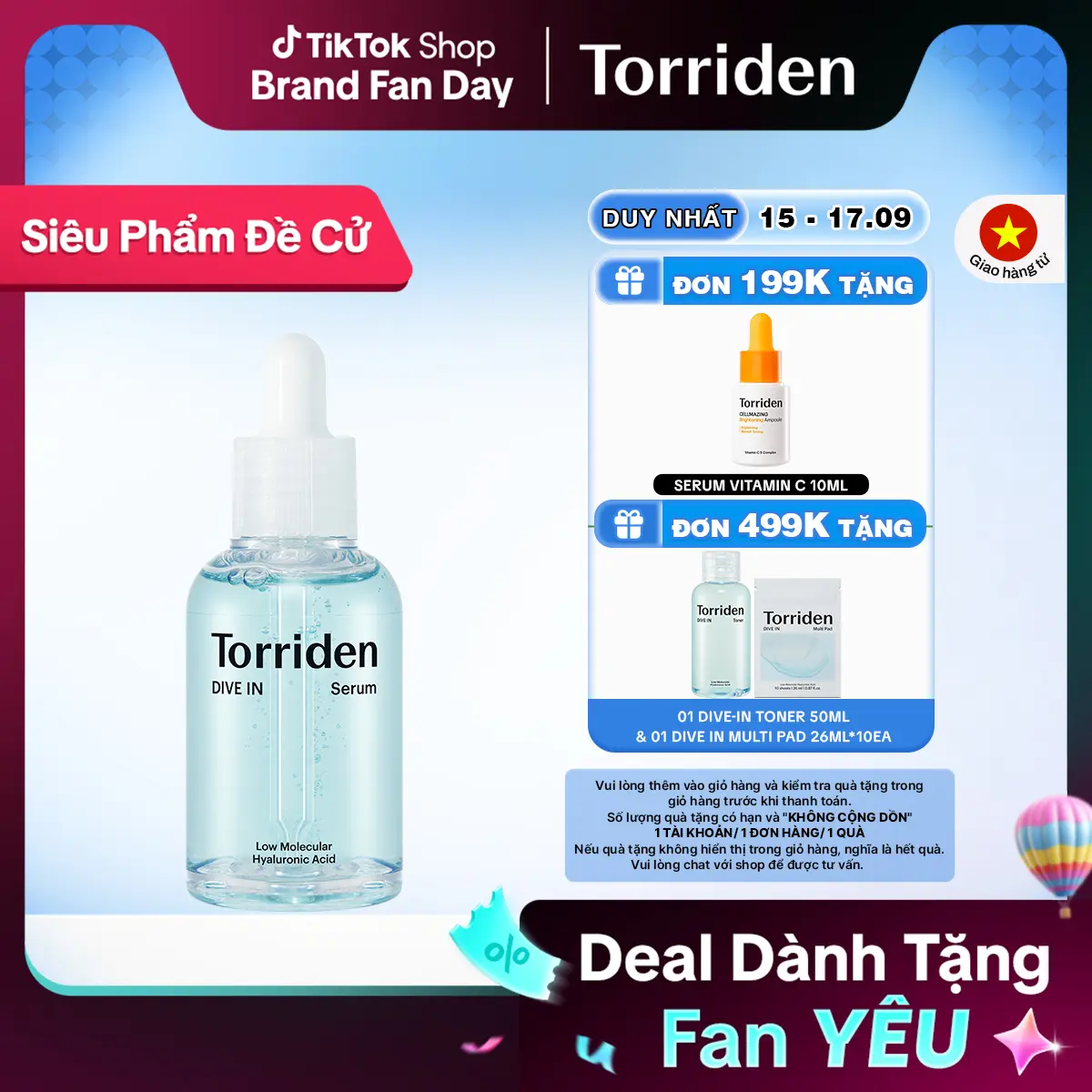 Serum HA Torriden 5D Hyaluronic Acid phân tử nhỏ thấm sâu cấp ẩm làm dịu da DIVE IN Serum 50ml