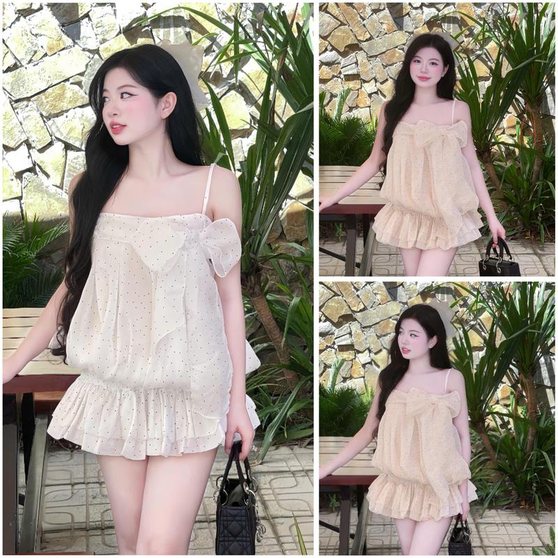 Hàng Sẵn Váy Tiểu Thư Bí Bồng Hoạ tiết Chấm Bi 2 Dây Thắt Nơ Liền Chân Váy Bí Dễ Thương