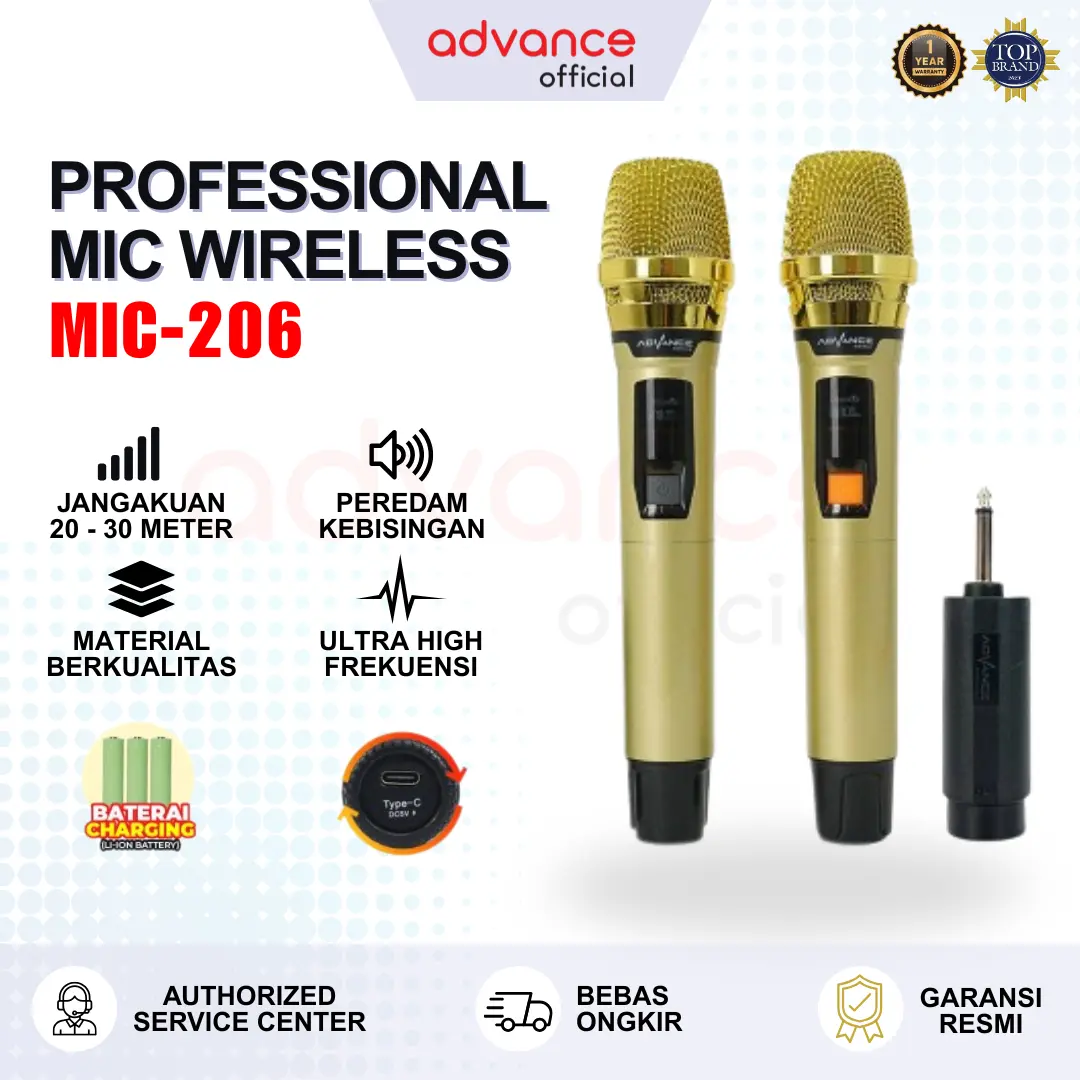 【COD】Ready Advance MIC-206 Double Mic Wireless UHF Recharger Gold Microphone Mikrofon Plastik ABS Garansi 1 Tahun