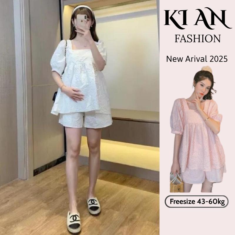 Bộ Bầu babydoll BBH 01 80 cổ vuông tay bồng điệu đà chất đũi xốp cao cấp siêu mát bộ bầu mùa hè có chun chỉnh bụng FREE SIZE 43~68KG Váy Bầu Đầm Bầu