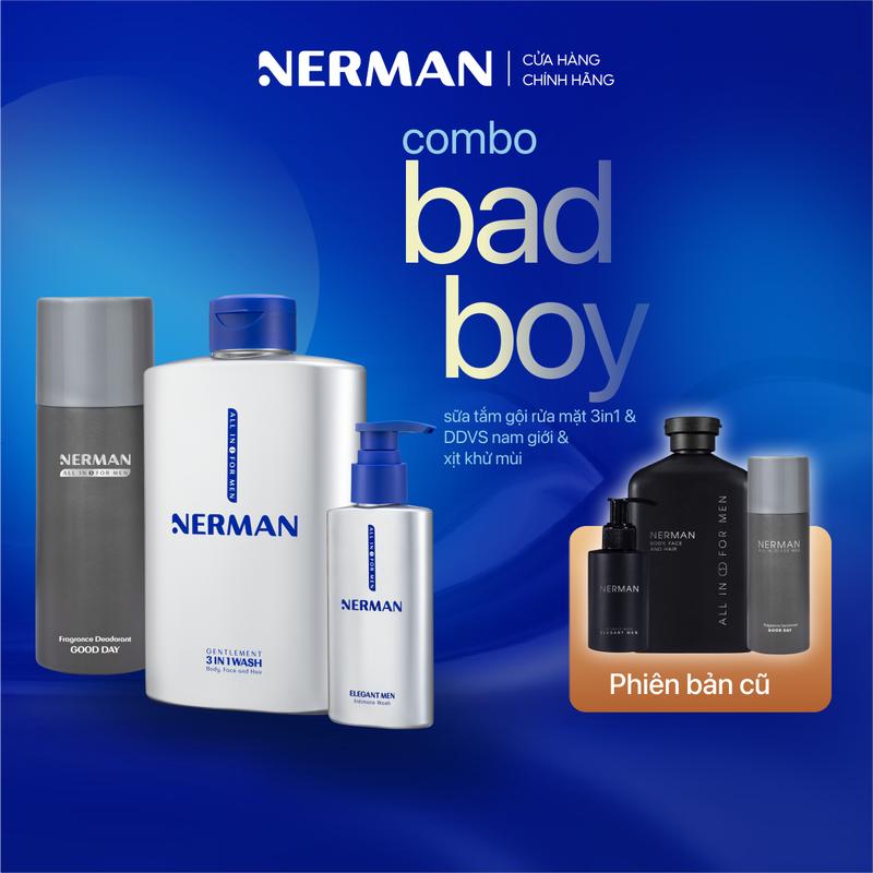  Combo Badboy Nerman - Sữa tắm gội cho nam 350ml & Gel vệ sinh 60S Fresh 100ml & Xịt khử mùi toàn thân 100mL 