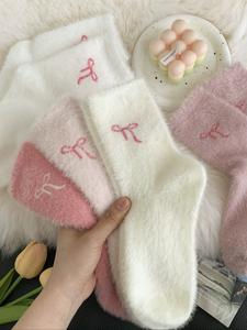 Set de calcetines de invierno para mujer, 5 pares con diseño de lazo de mariposa en piel sintética, lindos y dulces calcetines de media caña para dormir, cálidos y gruesos