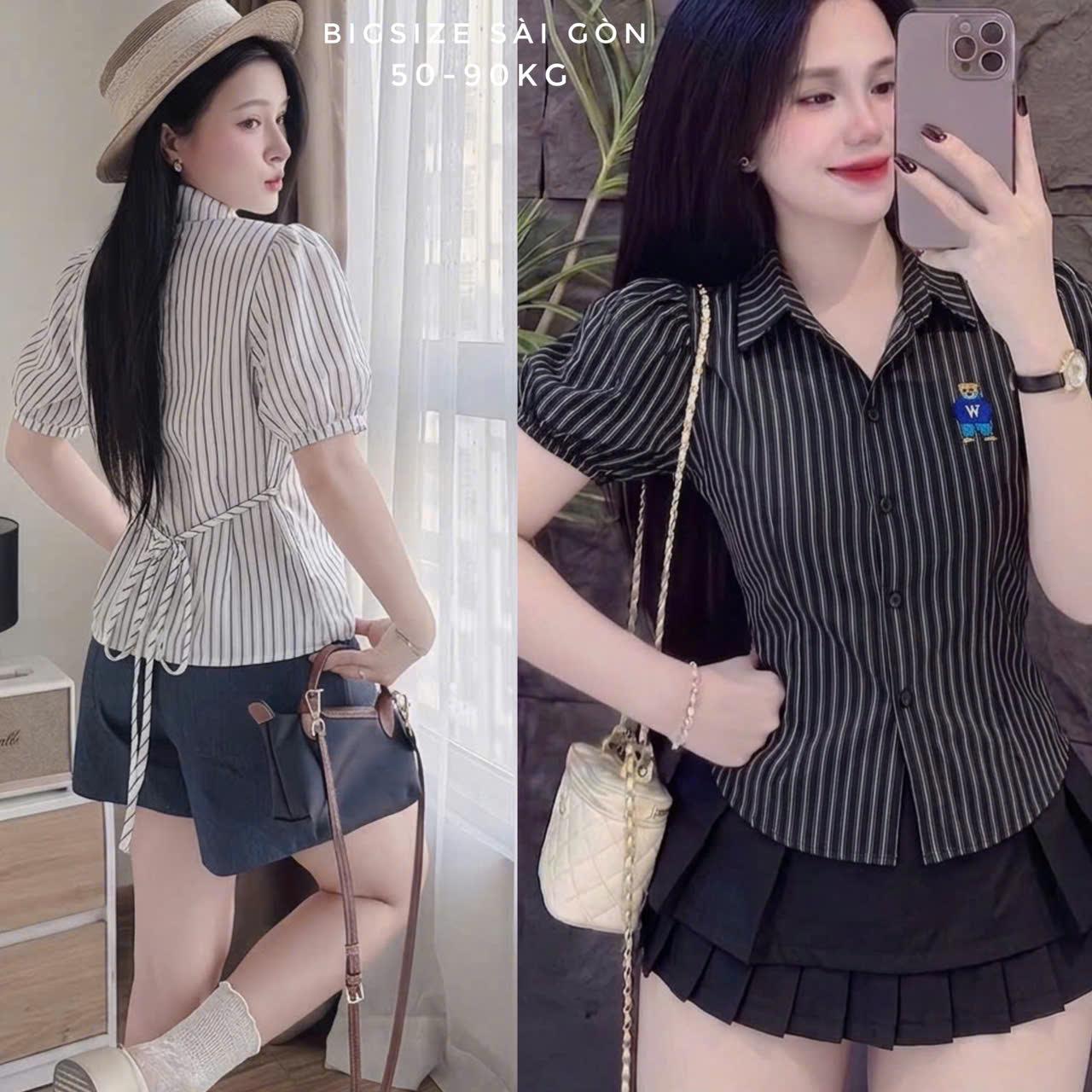Áo Sơ Mi Kẻ Sọc Phối Thêu Gấu Cao Cấp Thanh Lịch Bigsize Cho Nàng 50- 90 Kg Dễ Thương Nữ Women Top - B.1765