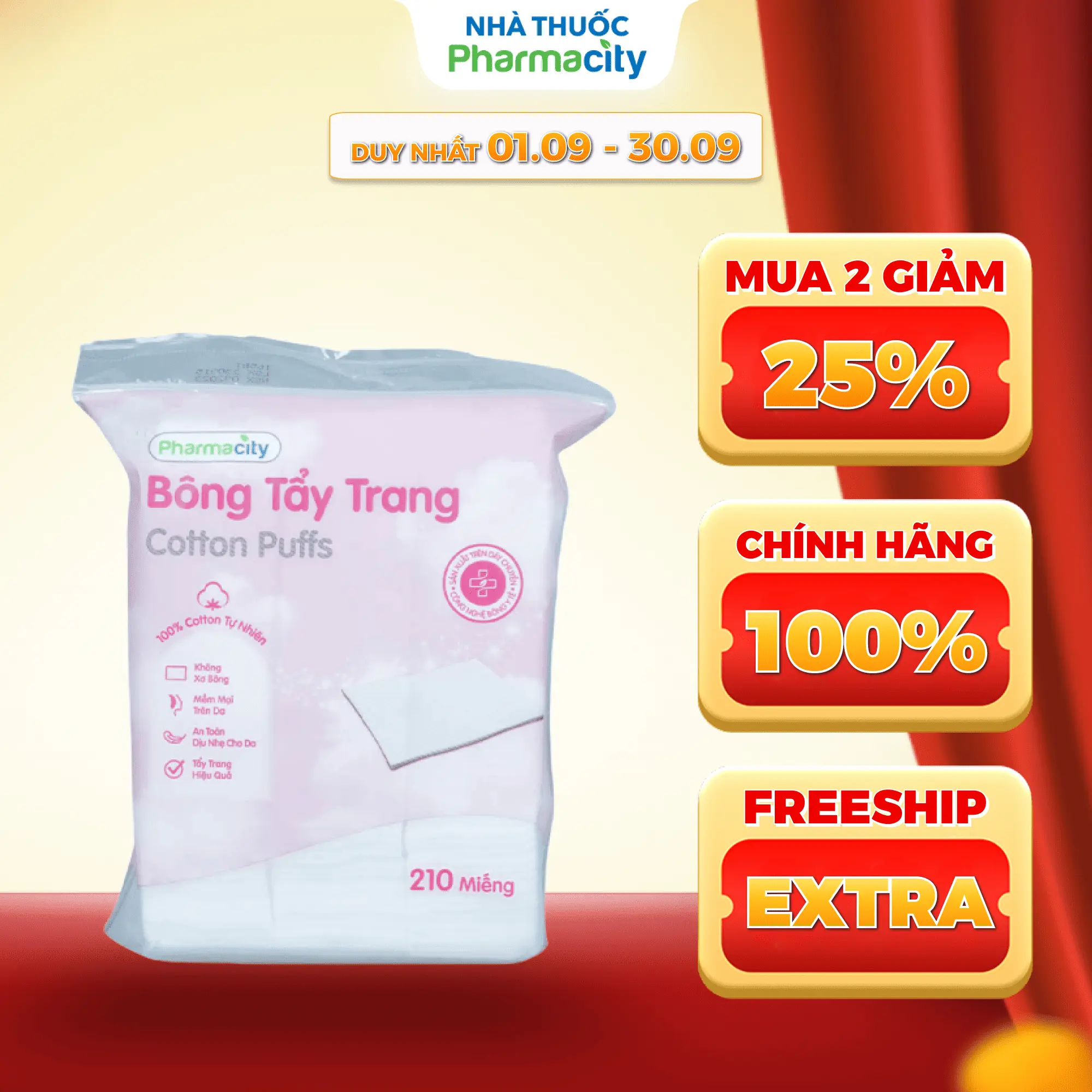 Bông tẩy trang dạng bịch Pharmacity (210 miếng)