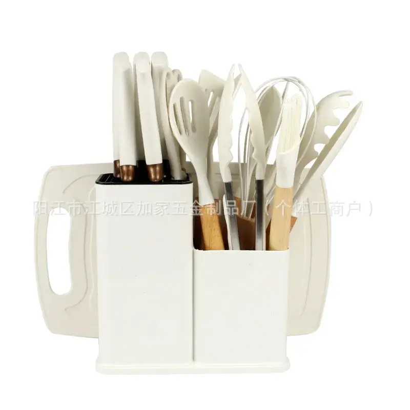 Conjunto de 19 utensílios de cozinha de silicone antiaderente, incluindo espátula, concha para sopa e jogo de facas com cepo. - 7