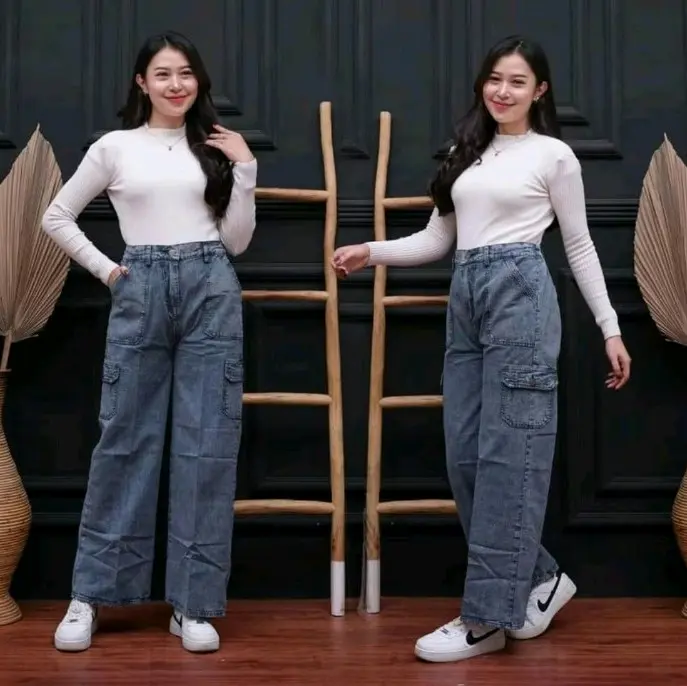 Celana kulot cargo kantong tempel Panjang Wanita Dewasa Cewek Karet Katun Casual