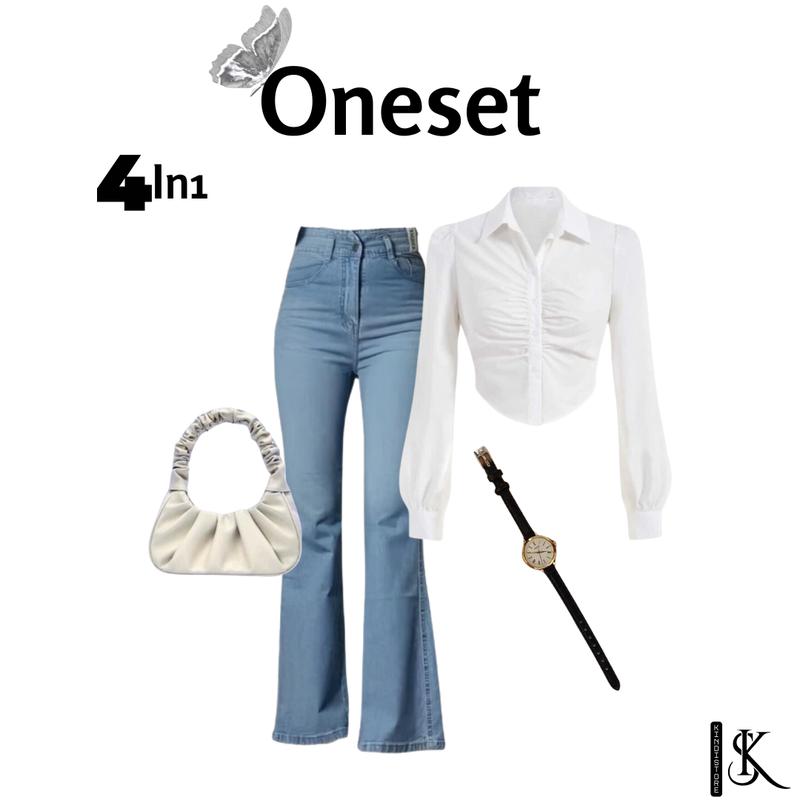 Setelan wanita terbaru atasan Kemeja Crop Putih + Jeans Cutbray + Tas Wanita + Jam Tangan KS0022 4