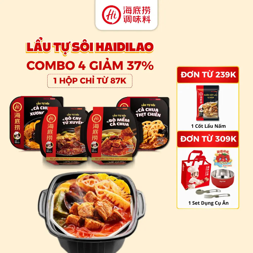 [HAIDILAO] Lẩu Tự Sôi Haidilao Vị Bò Cay Tứ Xuyên/Bò Mềm Cà Chua/Cà Chua Thịt Chiên/Cà Chua Xương Hầm 1- 2 người ăn | Không Cần Bếp, Tự Sôi 15 Phút | Tiện Lợi Cho Cắm Trại, Du Lịch, Ăn Khuya