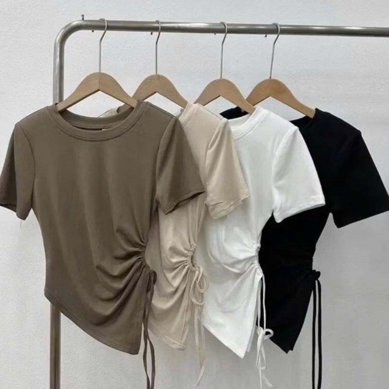 A55a Áo thun nữ tay ngắn dây rút eo vạt chéo nhiều màu phong cách Hàn Quốc size dưới 53kg