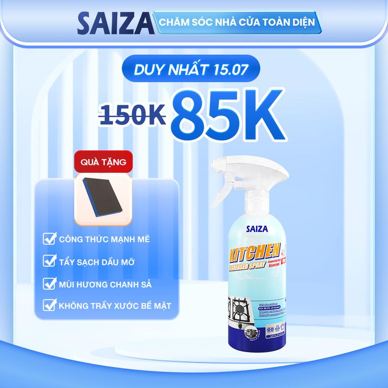 Xịt Vệ Sinh Nhà Bếp Đa Năng SAIZA, Tẩy Sạch Mọi Vết Dầu Mỡ Cứng Đầu trên Đáy Nồi, Đáy Chảo, Bếp, Máy Hút Mùi, Lò Vi Sóng, Làm Sạch Nhà Bếp tiện lợi, mùi hương Chanh, Sả thơm mát (500g) kèm quà tặng Vòi xịt + Miếng chà nhám