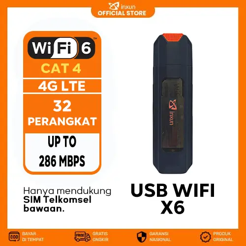 XINXUN X6 USB Modem WiFi 4G LTE 286Mbps WiFi 6 Portable Plug & Play Tanpa Batasan Penggunaan Kompatibel PC Laptop HP Smartphone Hotspot Mobile WiFi i Modem SIM Card Stabil untuk Kerja Belajar Streaming Gaming Support Jaringan 4G LTE Kartu Telkomsel Bawaan