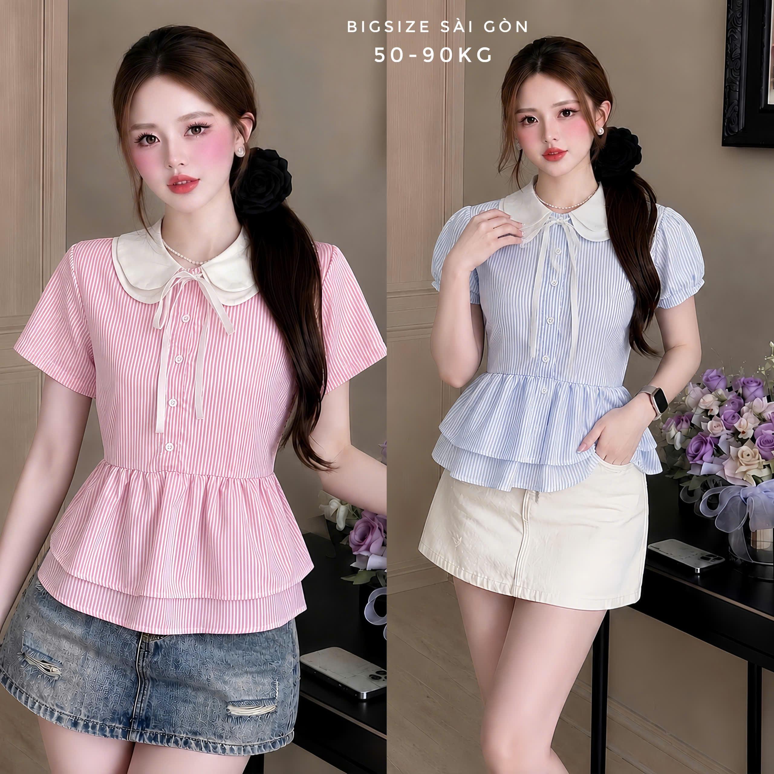 Áo Sơ Mi Nữ Bèo 2 Tầng Cổ Sen Sọc Nhí – Form Rộng Che Dáng 50–90kg Béo Xinh Shop - A.1887
