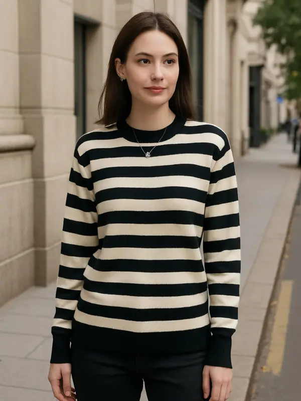 Women Merino Wool Sweater, Round Neck, Strip Pullover, Color Matching, Casual Knitted, Bottoming 0