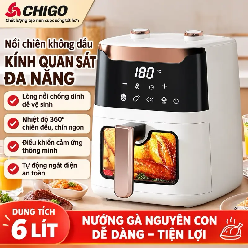 Nồi chiên không dầu CHIGO 6 lít, nhiệt độ 360°, điều khiển cảm ứng, tự động ngắt điện an toàn - Cook