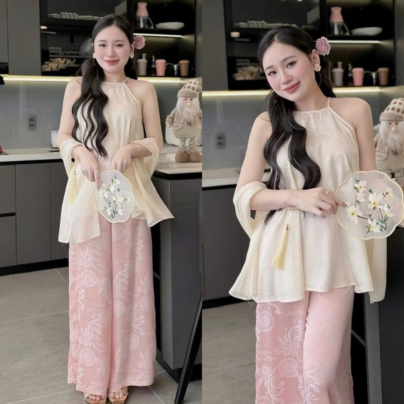 Set đồ nữ áo gấm thiết kế cổ yếm kèm khăn choàng mix quần dài ống rộng xinh xắn sang chảnh dành cho các nàng diện đi chơi