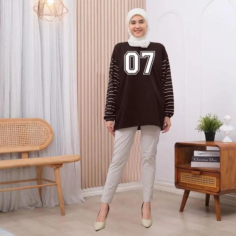 Baju Kaos Wanita Oversize Lengan Karet Salur Motif Angka 07 Print Babyterry - Panjang, Atasan 2