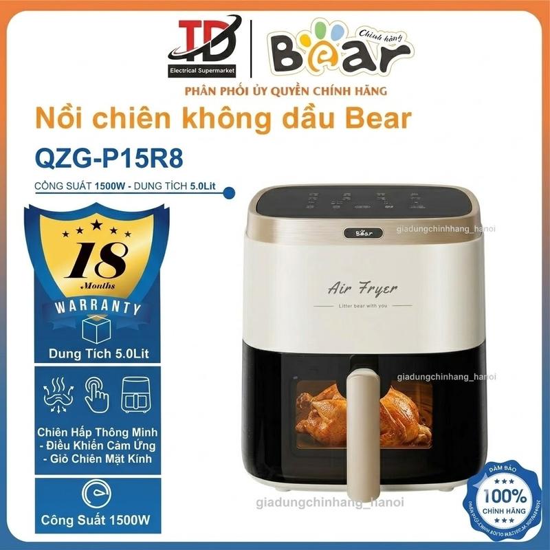 Nồi Chiên Không Dầu Bear QZG-P15R8, 5L-1500W, Giỏ Chiên Mặt Kính, Hàng chính hãnġ