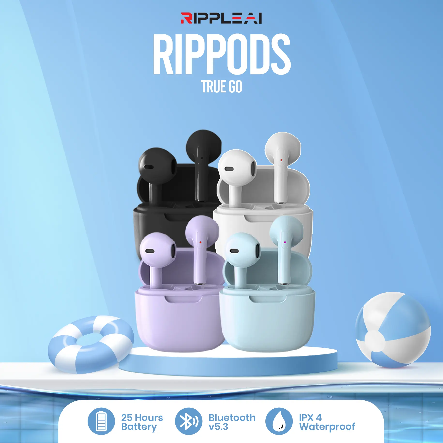 【Hot Selling】Ripple Rippods True Go TWS Headset Bluetooth Earphone Mini Earbuds Handsfree Garansi 1 Tahun COD earphones headphones Hijau Merah