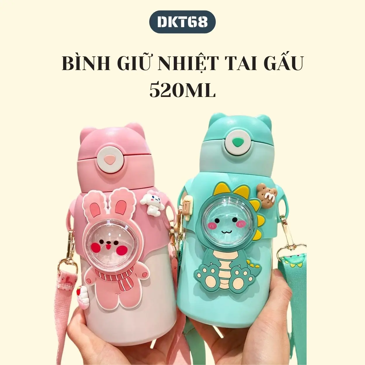 Bình nước giữ nhiệt tai gấu inox 316 dung tích 520ml kèm ống hút silicon và dây đeo tiện lợi tặng kèm 2 bộ sticker xinh xắn