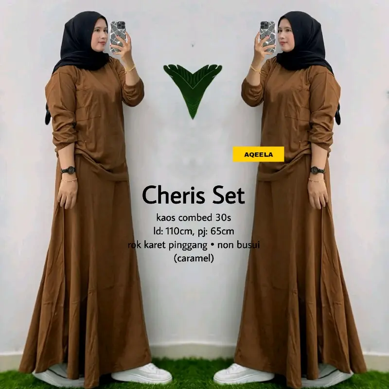 Cheris Setelan Rok Kaos Combed Original Lingkar Dada 110 Panjang 65 untuk Wanita Nyaman Basic  Dewasa one set hijab style dan atasan one  set  elegan  lebaran 0