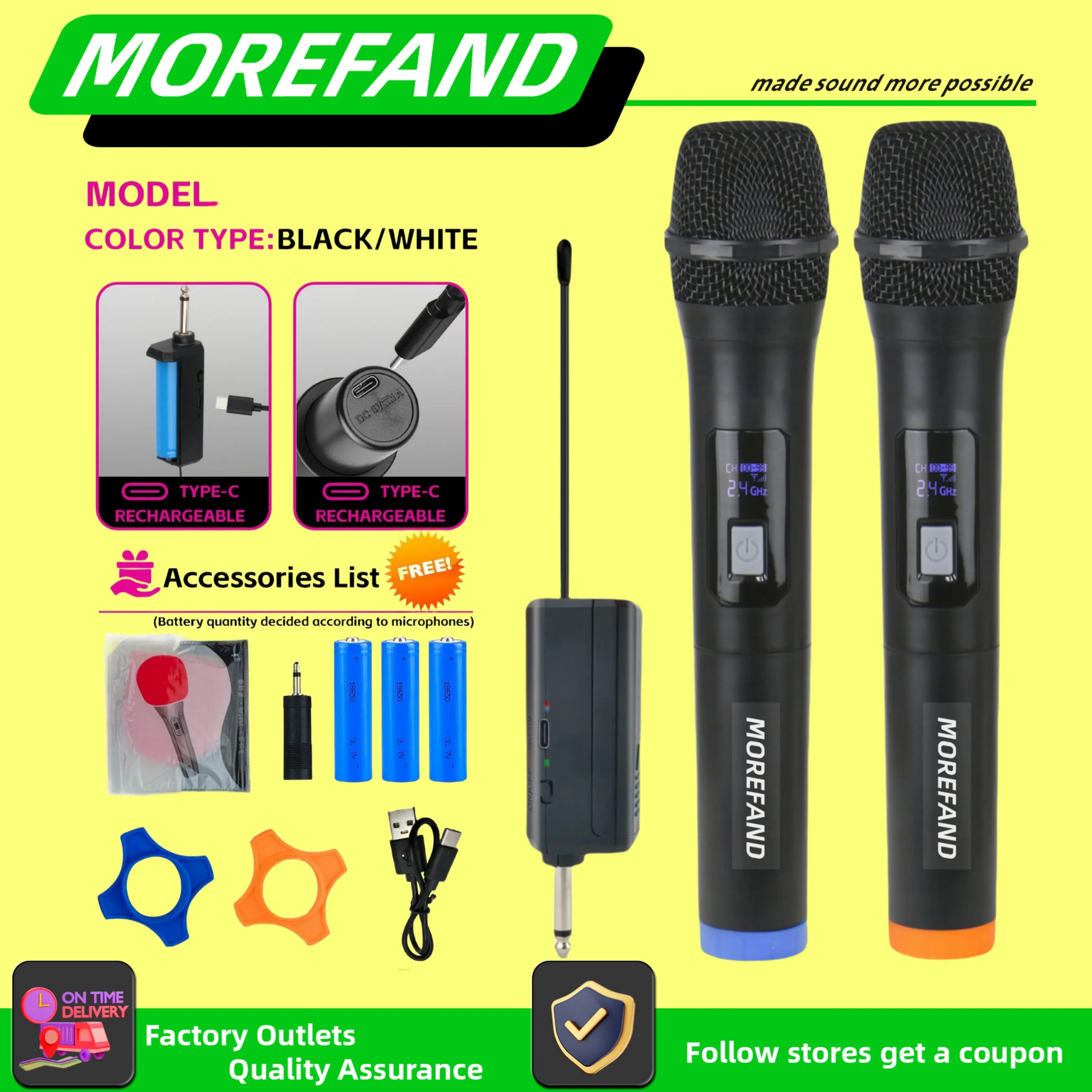 Mikrofon Wireless MOREFAND Karaoke dengan 1 Penerima dan 2 Mikrofon Bluetooth-308v1/308v2 mic  wireless  2  mic mic  treasure