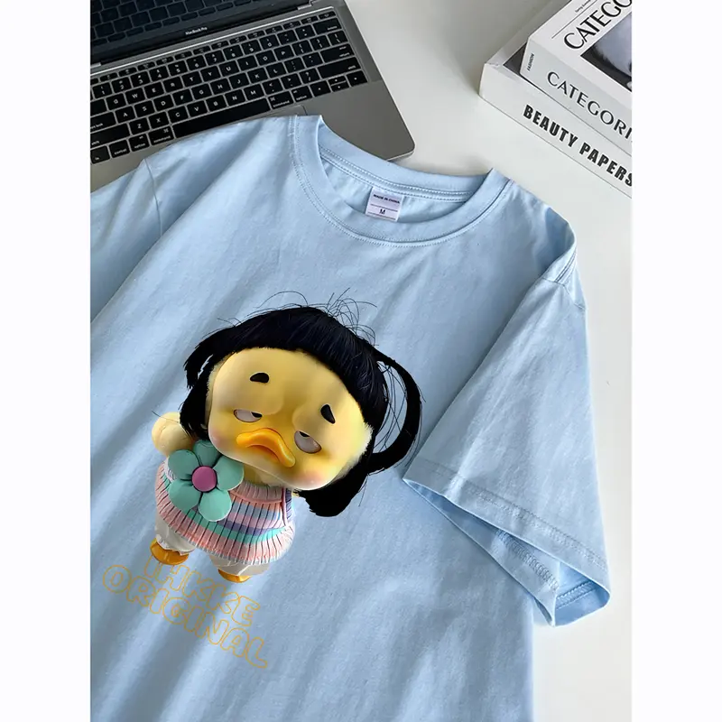 <TMG> T-shirt dicuci kebesaran | Cetakan upset duck lucu | T-shirt katun multi-warna berkualitas tinggi, baju aesthetic lucu kece premium,T-shirt katun oversized wanita dalam kualitas dicuci hitam dan putih  I000944 4